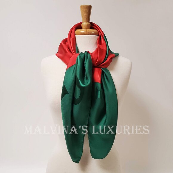 GUCCI SCARF GREEN RED WEB GG LOGO PRINT JACQUARD SILK TWILL FOULARD 35" - Picture 9 of 15